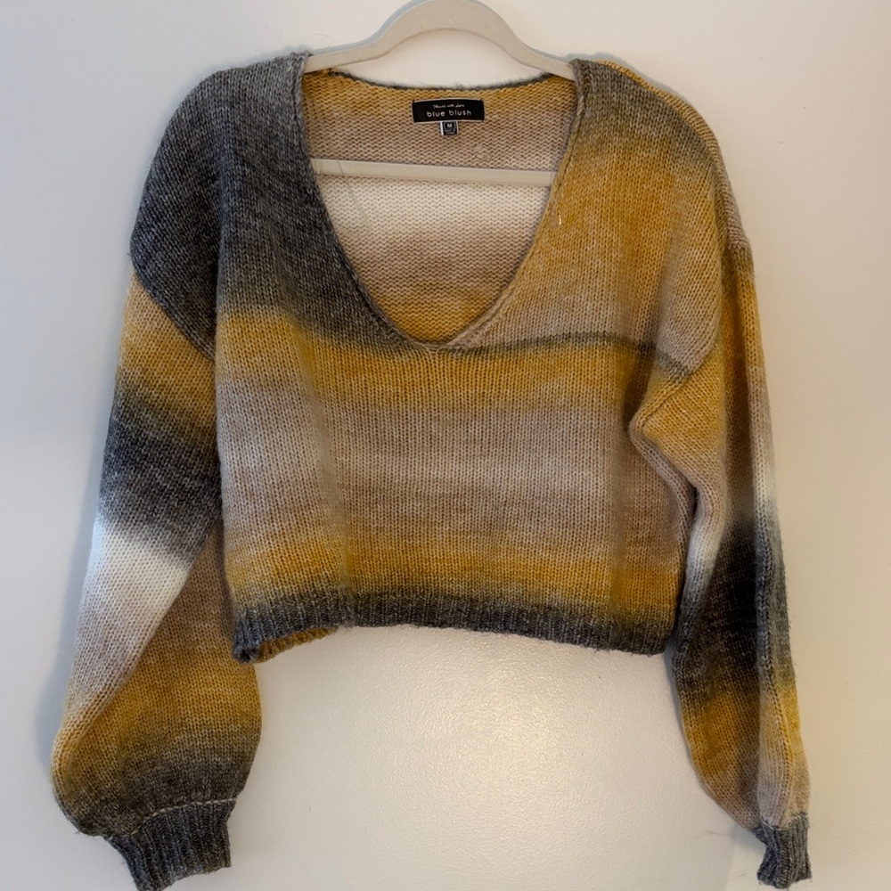 Blue Blush Striped V-Neck Sweater in Mustard, Gray & Cream